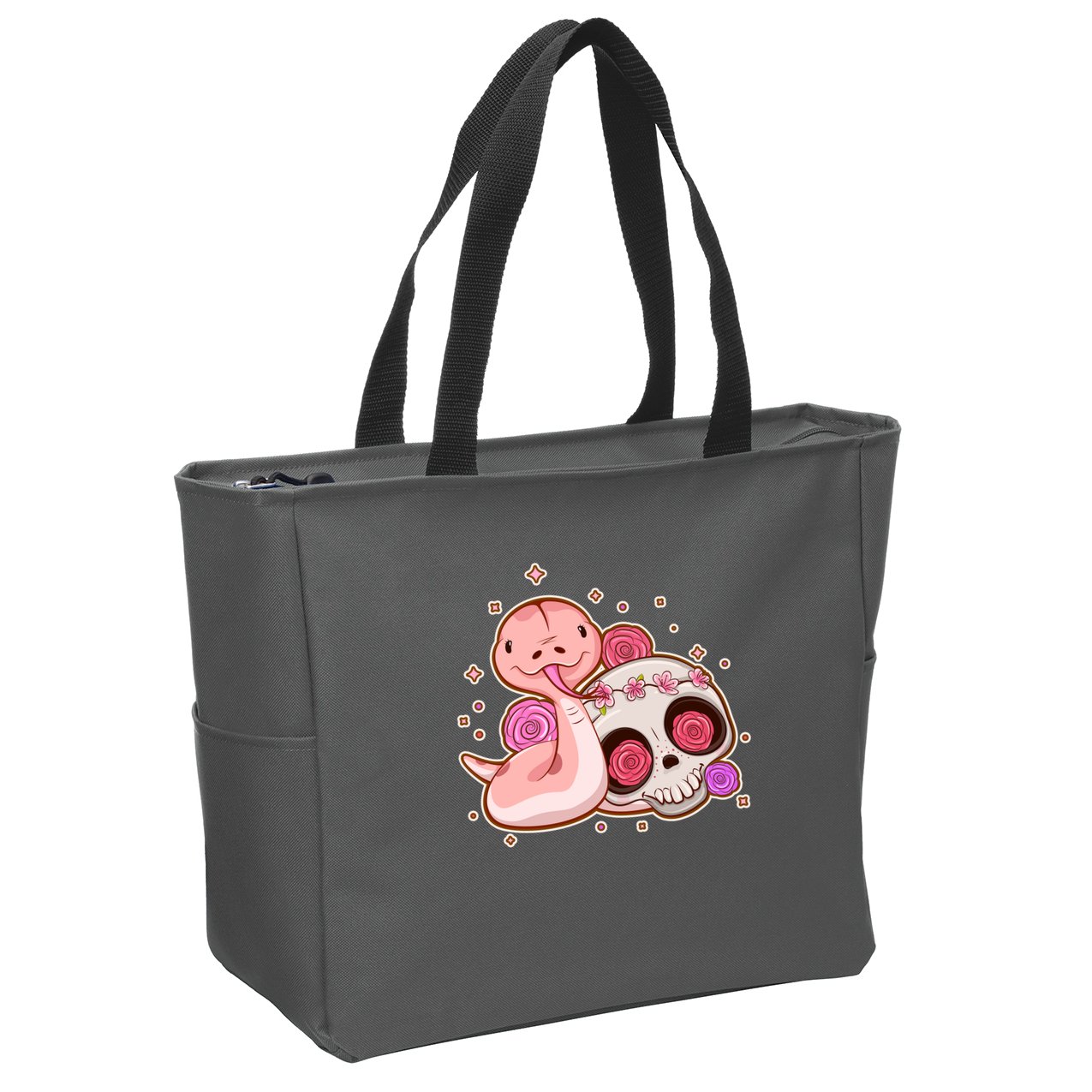 Funny Cute Snake and Flower Skull Zip Tote Bag