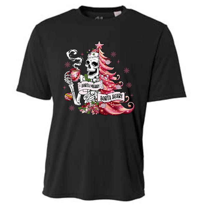 Funny Christmas Sorta Merry Sorta Scary Skeleton Xmas Tree Cooling Performance Crew T-Shirt