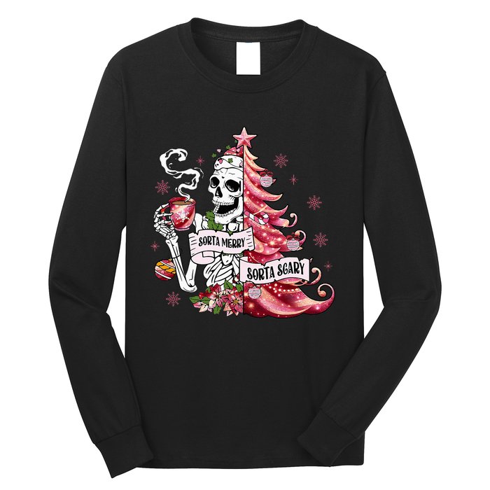 Funny Christmas Sorta Merry Sorta Scary Skeleton Xmas Tree Long Sleeve Shirt