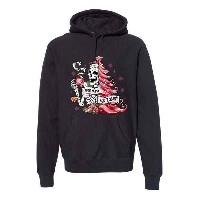 Funny Christmas Sorta Merry Sorta Scary Skeleton Xmas Tree Premium Hoodie