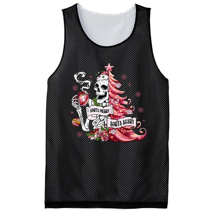 Funny Christmas Sorta Merry Sorta Scary Skeleton Xmas Tree Mesh Reversible Basketball Jersey Tank