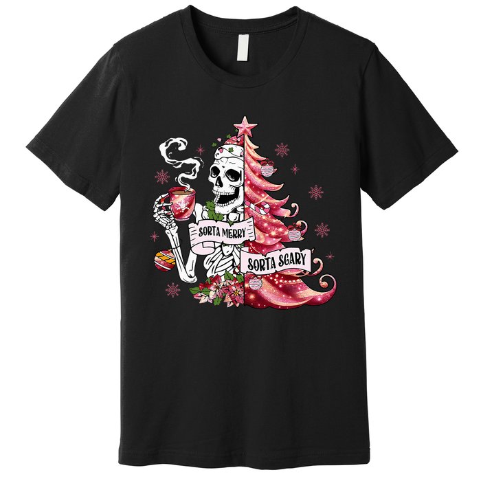 Funny Christmas Sorta Merry Sorta Scary Skeleton Xmas Tree Premium T-Shirt