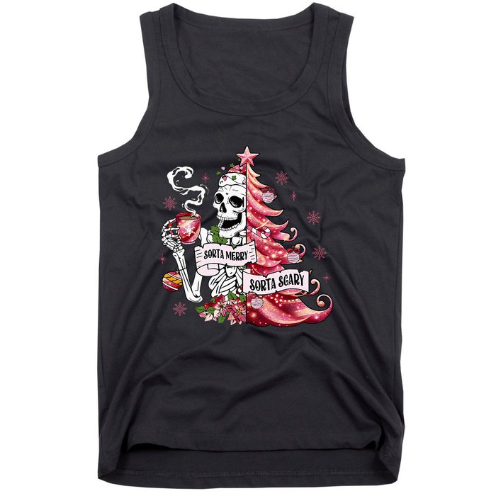 Funny Christmas Sorta Merry Sorta Scary Skeleton Xmas Tree Tank Top