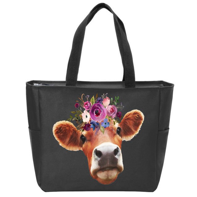 Floral Cow Spring Nature Zip Tote Bag