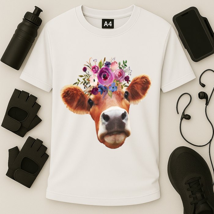 Floral Cow Spring Nature Cooling Performance Crew T-Shirt