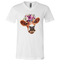 Floral Cow Spring Nature V-Neck T-Shirt