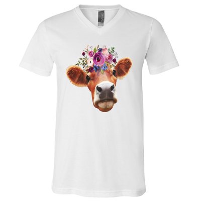 Floral Cow Spring Nature V-Neck T-Shirt