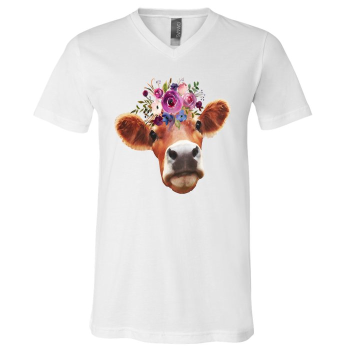 Floral Cow Spring Nature V-Neck T-Shirt