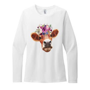 Floral Cow Spring Nature Womens CVC Long Sleeve Shirt