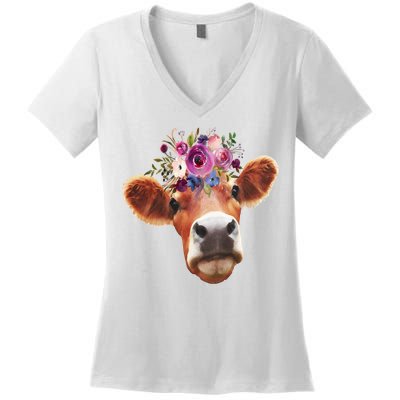 Floral Cow Spring Nature Women's V-Neck T-Shirt