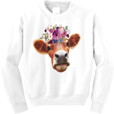 Floral Cow Spring Nature Kids Sweatshirt