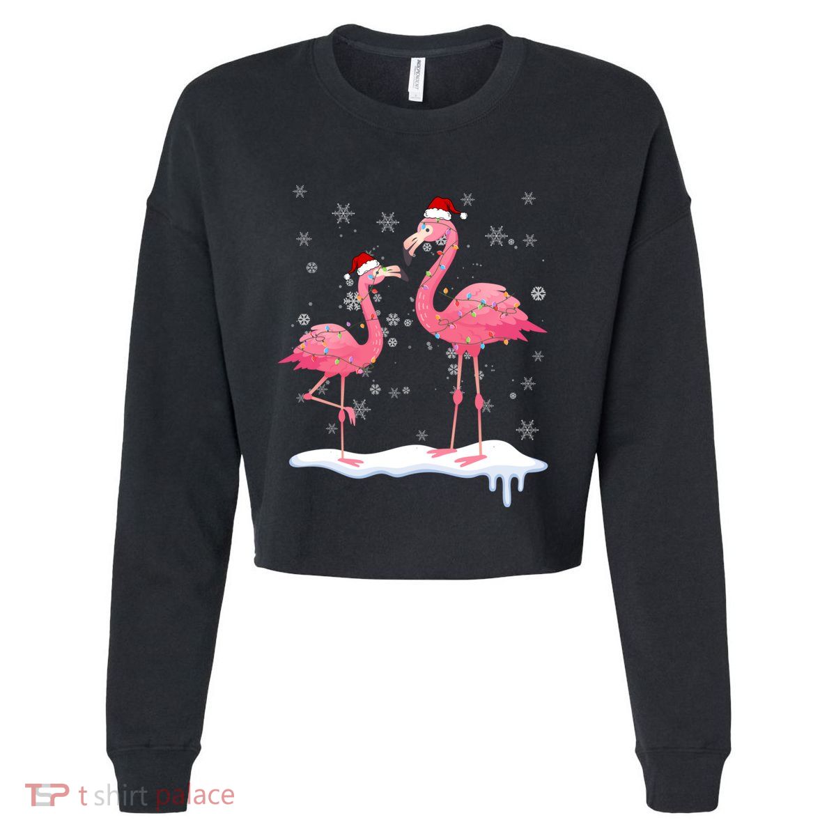 Flamingo Christmas Tree Santa Hat Gift Cropped Pullover Crew