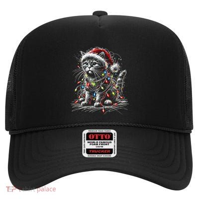 Funny Cute Tabby Cat Mom Dad Santa Hat Christmas Tree Lights Funny Gift High Crown Mesh Back Trucker Hat
