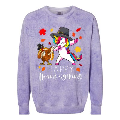 Funny Cute Thanksgiving Unicorn Girls Dabbing Turkey Pilgrim Girl Colorblast Crewneck Sweatshirt