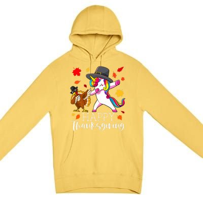 Funny Cute Thanksgiving Unicorn Girls Dabbing Turkey Pilgrim Girl Premium Pullover Hoodie