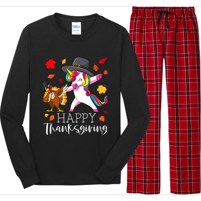 Funny Cute Thanksgiving Unicorn Girls Dabbing Turkey Pilgrim Girl Long Sleeve Pajama Set