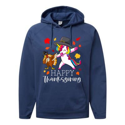 Funny Cute Thanksgiving Unicorn Girls Dabbing Turkey Pilgrim Girl Performance Fleece Hoodie