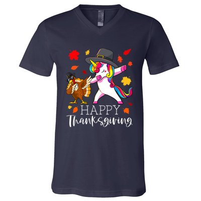 Funny Cute Thanksgiving Unicorn Girls Dabbing Turkey Pilgrim Girl V-Neck T-Shirt