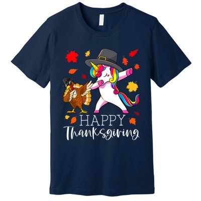 Funny Cute Thanksgiving Unicorn Girls Dabbing Turkey Pilgrim Girl Premium T-Shirt