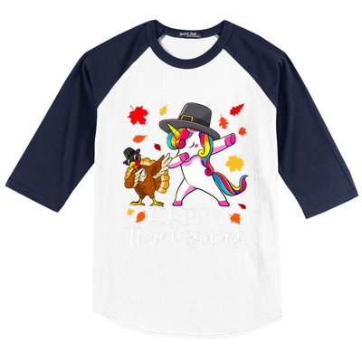 Funny Cute Thanksgiving Unicorn Girls Dabbing Turkey Pilgrim Girl Baseball Sleeve Shirt