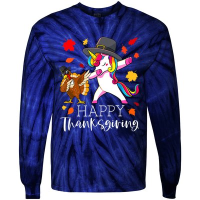 Funny Cute Thanksgiving Unicorn Girls Dabbing Turkey Pilgrim Girl Tie-Dye Long Sleeve Shirt