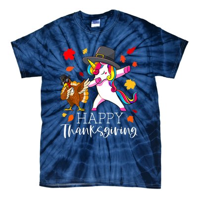 Funny Cute Thanksgiving Unicorn Girls Dabbing Turkey Pilgrim Girl Tie-Dye T-Shirt