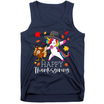 Funny Cute Thanksgiving Unicorn Girls Dabbing Turkey Pilgrim Girl Tank Top