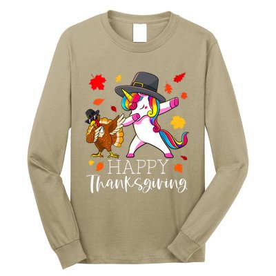 Funny Cute Thanksgiving Unicorn Girls Dabbing Turkey Pilgrim Girl Long Sleeve Shirt