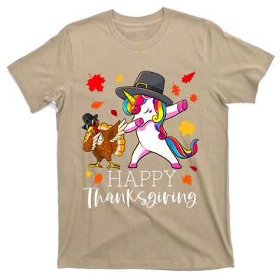 Funny Cute Thanksgiving Unicorn Girls Dabbing Turkey Pilgrim Girl T-Shirt