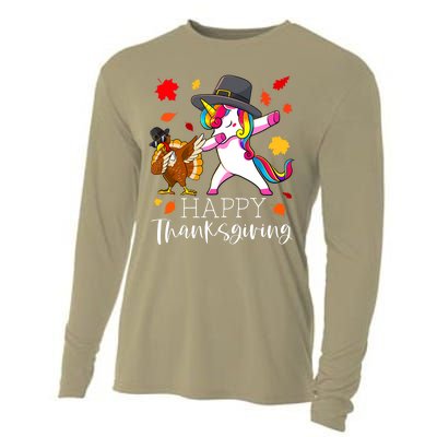 Funny Cute Thanksgiving Unicorn Girls Dabbing Turkey Pilgrim Girl Cooling Performance Long Sleeve Crew