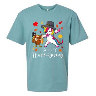 Funny Cute Thanksgiving Unicorn Girls Dabbing Turkey Pilgrim Girl Sueded Cloud Jersey T-Shirt