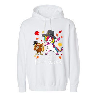 Funny Cute Thanksgiving Unicorn Girls Dabbing Turkey Pilgrim Girl Garment-Dyed Fleece Hoodie