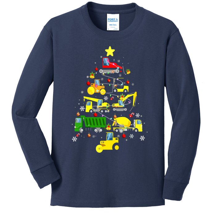 Funny Construction Trucks Christmas Tree Kids Long Sleeve Shirt