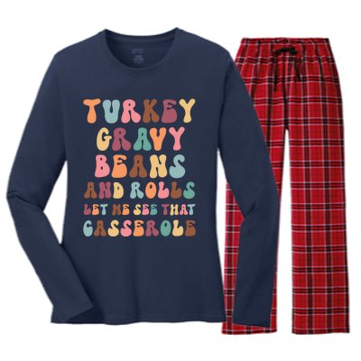 Funny Cute Turkey Gravy Beans And Rolls Groovy Happy Family Thanksgiving Matchin Women's Long Sleeve Flannel Pajama Set 