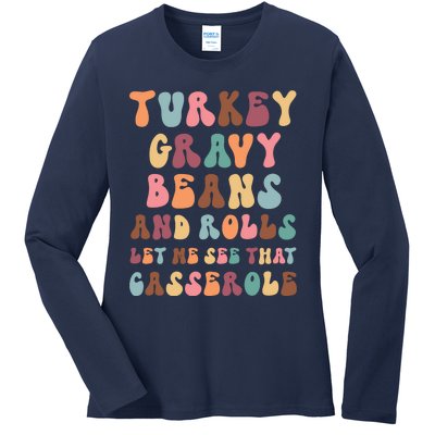 Funny Cute Turkey Gravy Beans And Rolls Groovy Happy Family Thanksgiving Matchin Ladies Long Sleeve Shirt