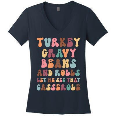 Funny Cute Turkey Gravy Beans And Rolls Groovy Happy Family Thanksgiving Matchin Women's V-Neck T-Shirt