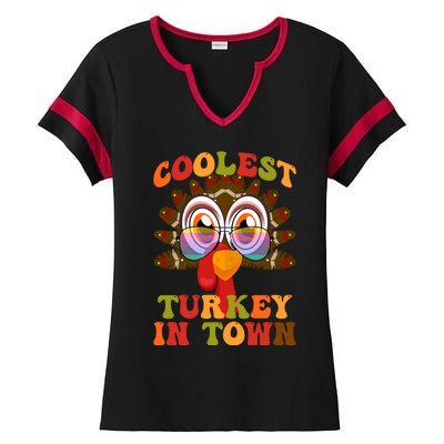 Funny Coolest Turkey In Town Thanksgiving Colorful Glasses Gift Ladies Halftime Notch Neck Tee