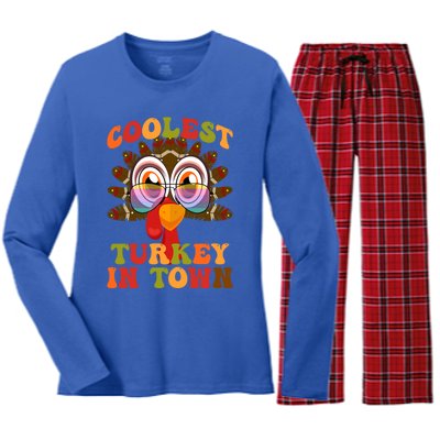 Funny Coolest Turkey In Town Thanksgiving Colorful Glasses Gift Women's Long Sleeve Flannel Pajama Set 