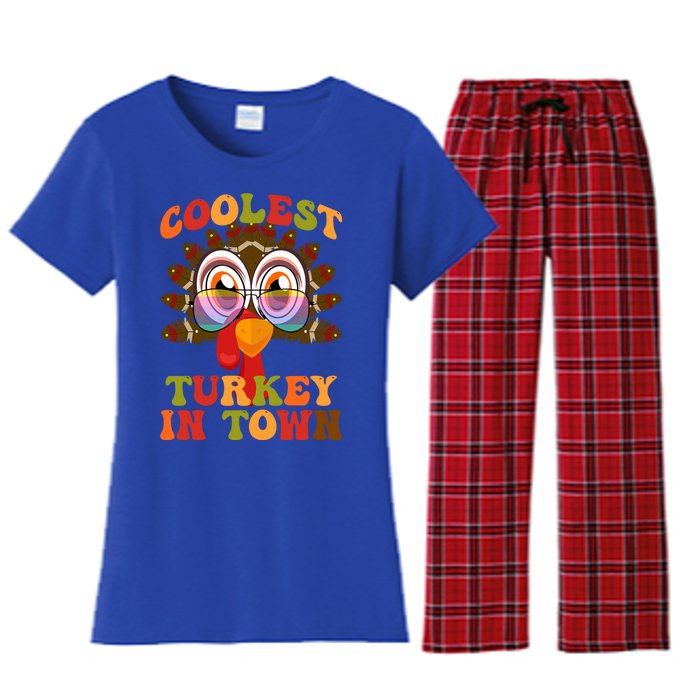 Funny Coolest Turkey In Town Thanksgiving Colorful Glasses Gift Women's Flannel Pajama Set