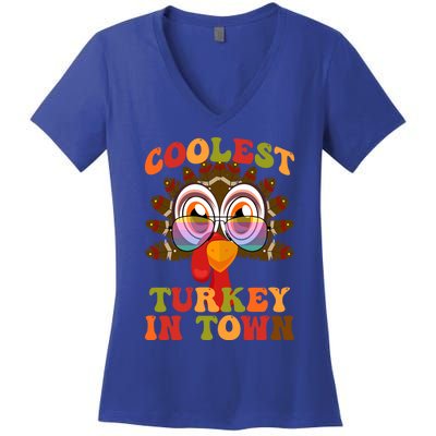 Funny Coolest Turkey In Town Thanksgiving Colorful Glasses Gift Women's V-Neck T-Shirt