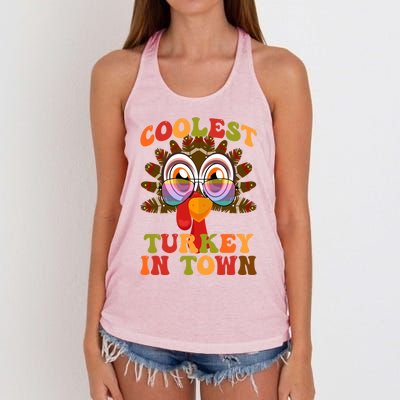 Funny Coolest Turkey In Town Thanksgiving Colorful Glasses Gift Women's Knotted Racerback Tank