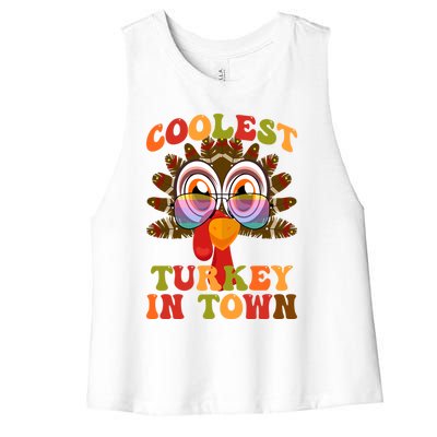 Funny Coolest Turkey In Town Thanksgiving Colorful Glasses Gift Women's Racerback Cropped Tank