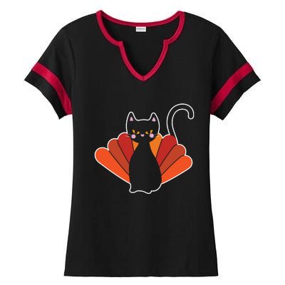 Funny Cute Thanksgiving Cat Turkey Ladies Halftime Notch Neck Tee