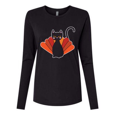 Funny Cute Thanksgiving Cat Turkey Womens Cotton Relaxed Long Sleeve T-Shirt