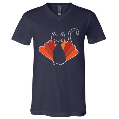 Funny Cute Thanksgiving Cat Turkey V-Neck T-Shirt