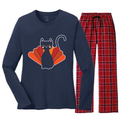 Funny Cute Thanksgiving Cat Turkey Women's Long Sleeve Flannel Pajama Set 