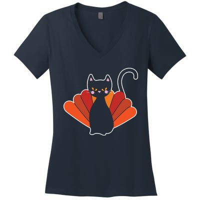 Funny Cute Thanksgiving Cat Turkey Women's V-Neck T-Shirt