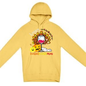 Funny Cute Turkey Happy Hallothankmas Wine Glasses Costume Premium Pullover Hoodie