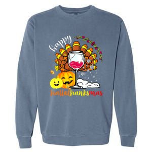 Funny Cute Turkey Happy Hallothankmas Wine Glasses Costume Garment-Dyed Sweatshirt