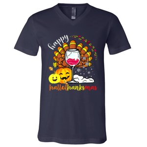 Funny Cute Turkey Happy Hallothankmas Wine Glasses Costume V-Neck T-Shirt